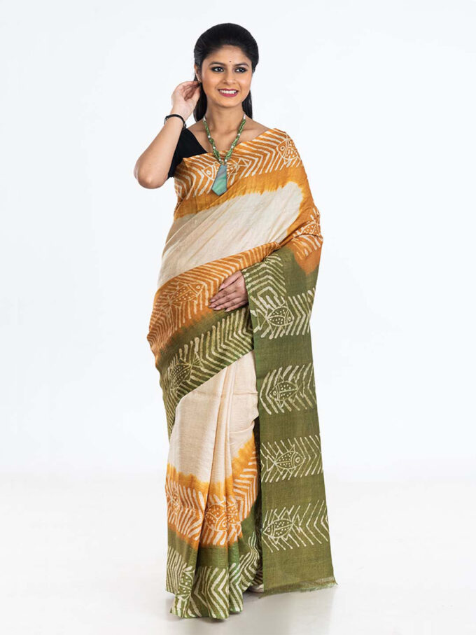 White, Green and Mustard Batik Tussar Saree With Fish Motifs