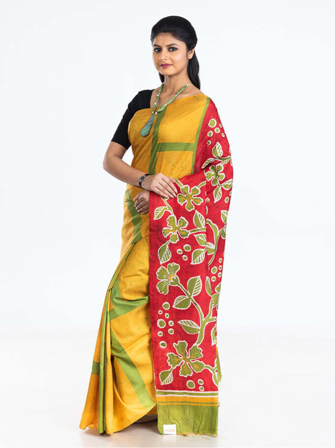 Yellow Batik Silk Saree with Red Pallu