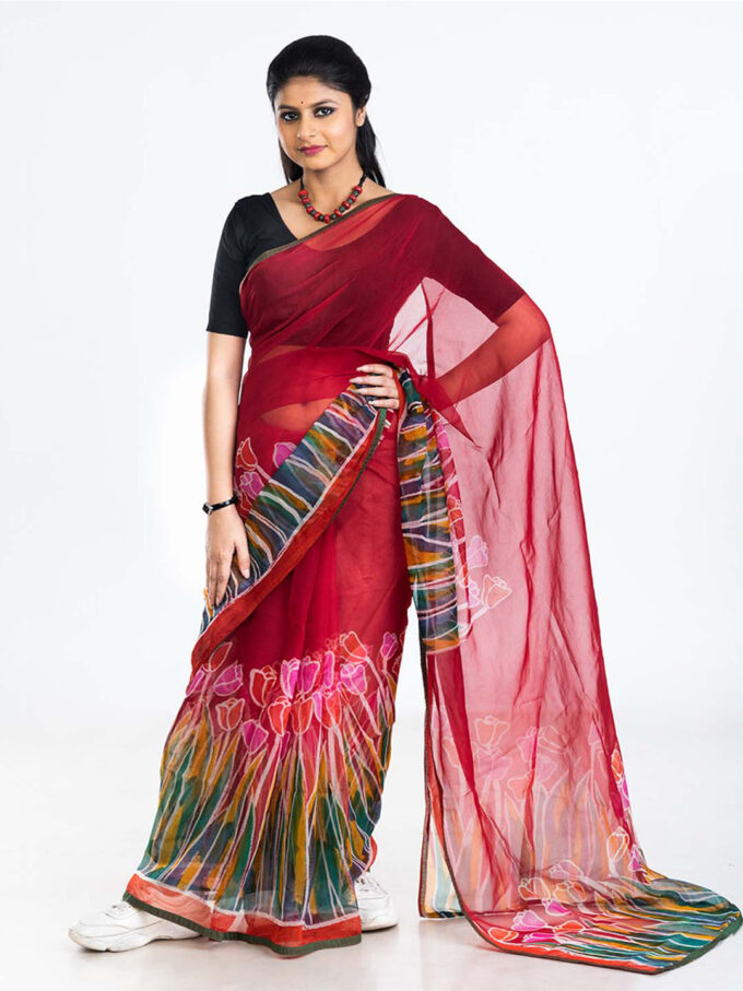 Red Batik Chiffon Saree With Tulips