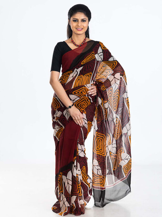 Maroon Batik Chiffon Saree with Batik Geometric Pattern and Leaves