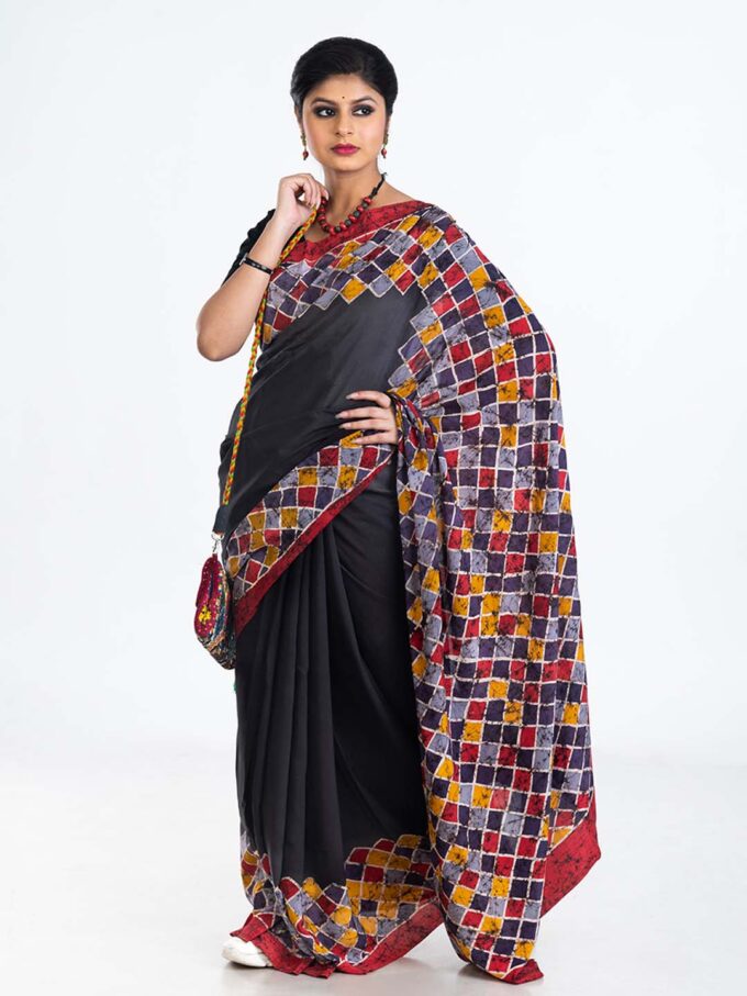 Black Batik Crepe Saree With Geometric Design