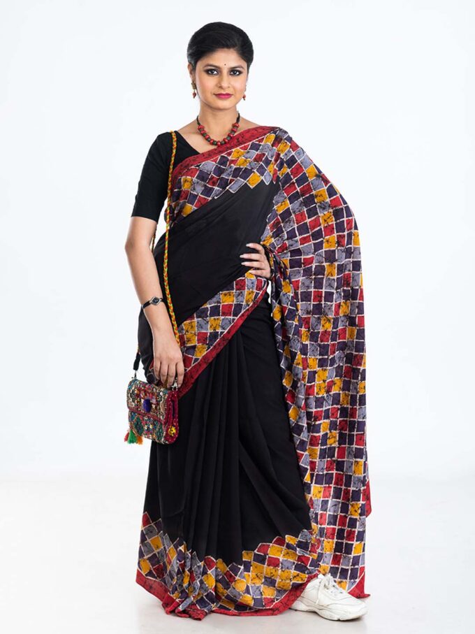 Black Batik Crepe Saree With Geometric Design