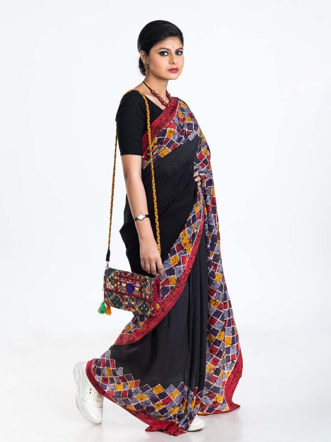 Black Batik Crepe Saree With Geometric Design