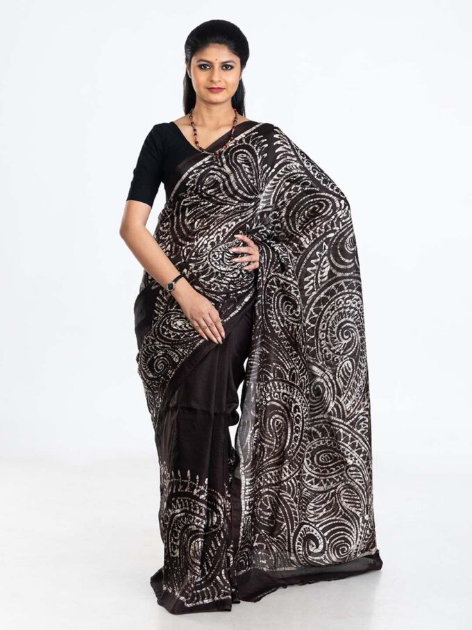 Black Batik Tussar Saree With White Alpana