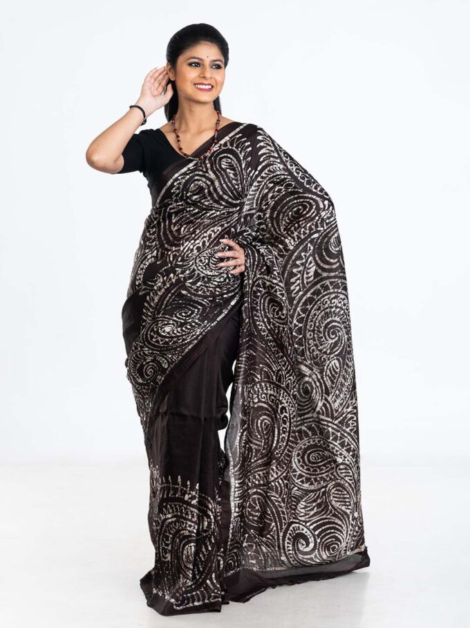 Black Batik Tussar Saree With White Alpana