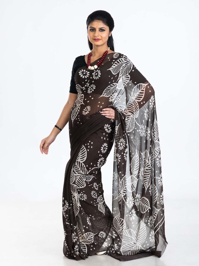 Black Floral Design Batik Chiffon Saree