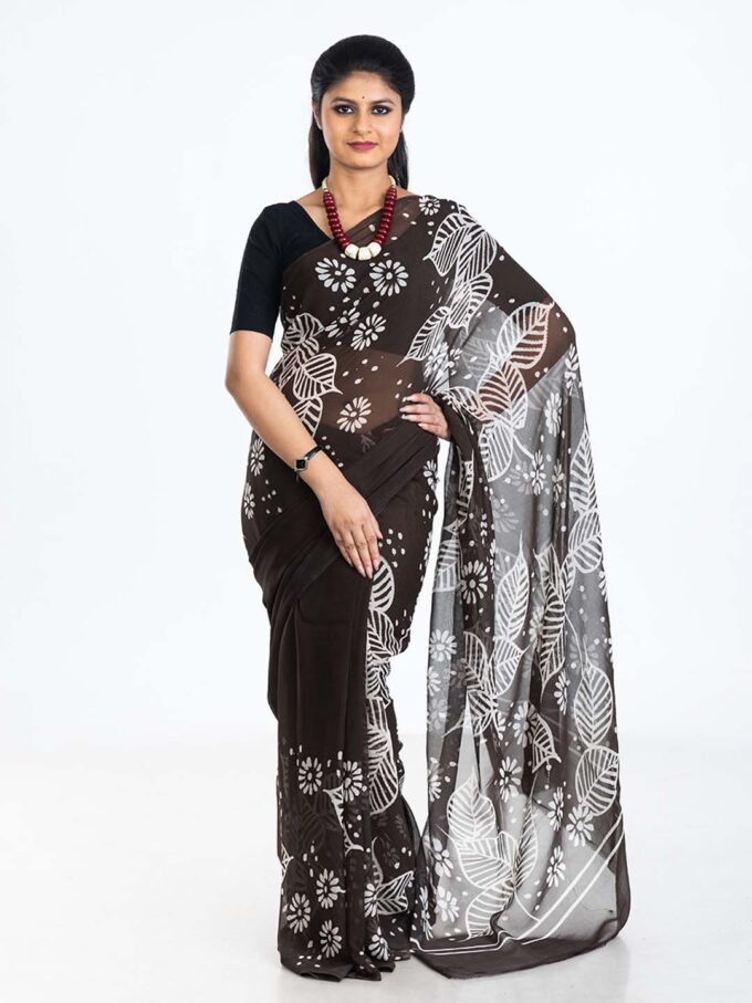 Black Floral Design Batik Chiffon Saree