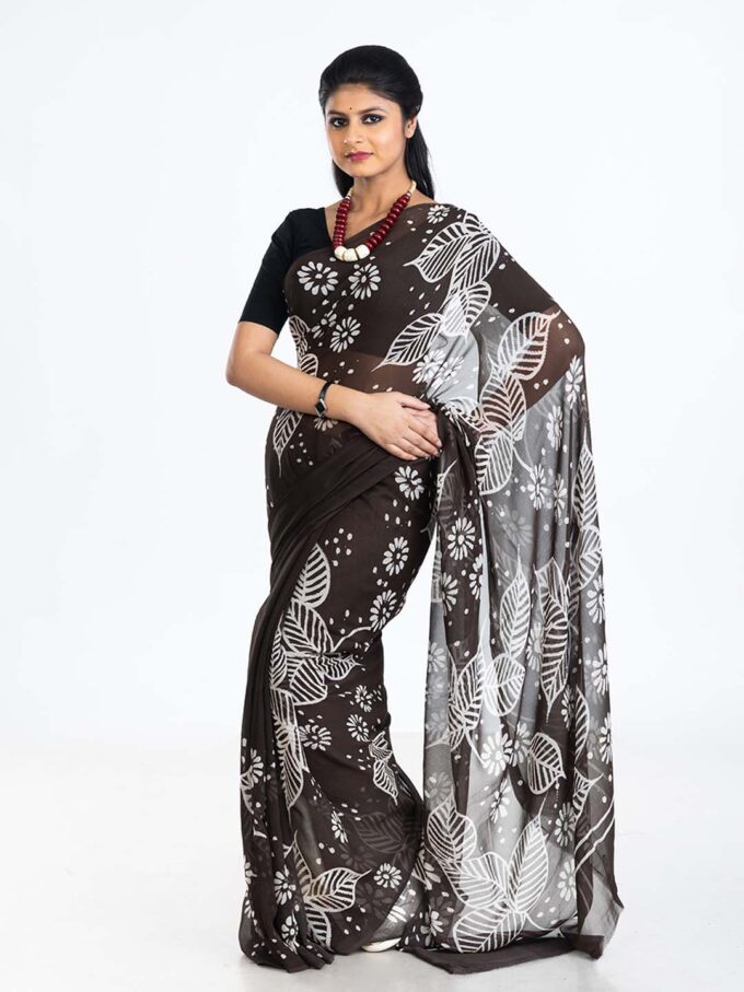 Black Floral Design Batik Chiffon Saree