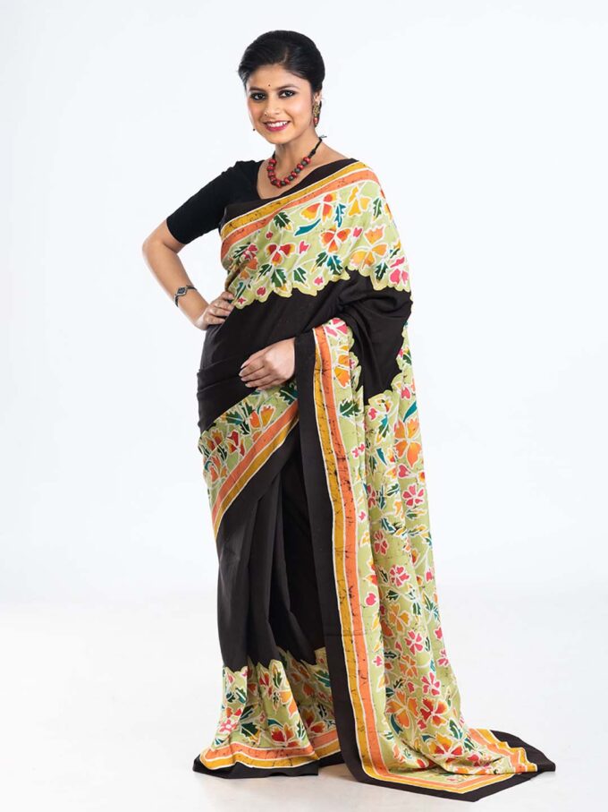 Black & Light Green Batik Crepe Saree