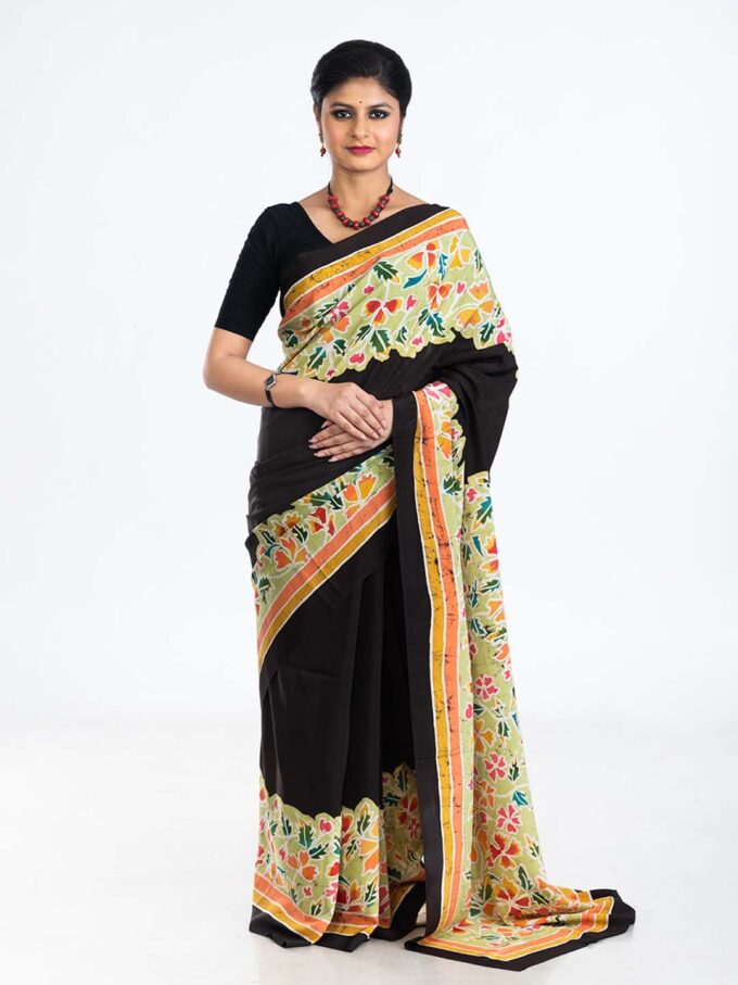 Black & Light Green Batik Crepe Saree