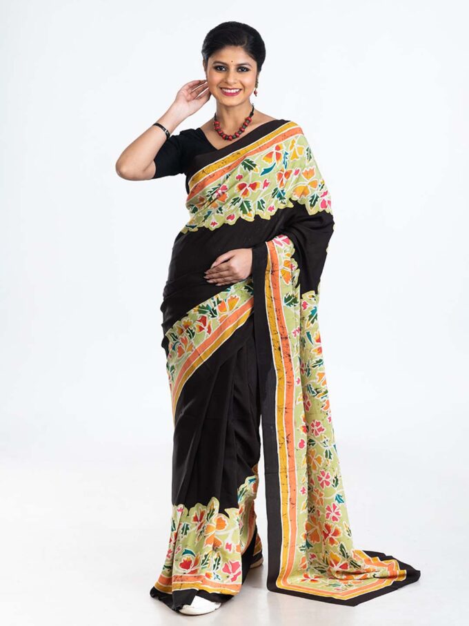 Black & Light Green Batik Crepe Saree