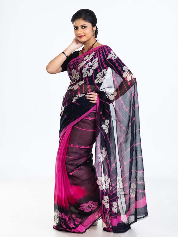 Black & Pink Batik Crepe Saree With Floral Designs