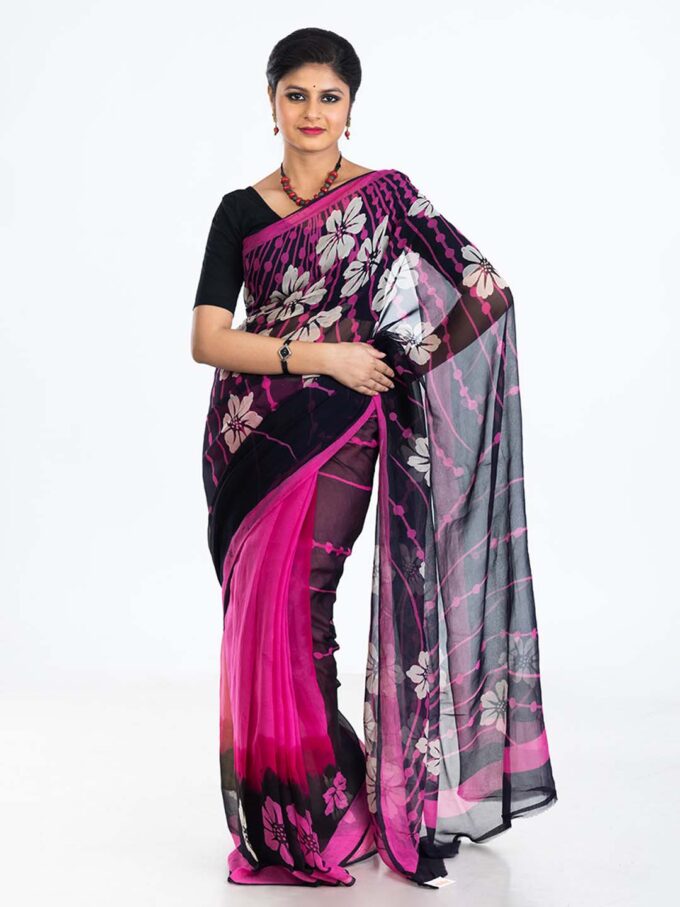 Black & Pink Batik Crepe Saree With Floral Designs