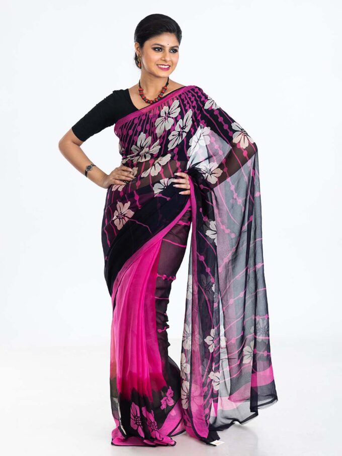 Black & Pink Batik Crepe Saree With Floral Designs