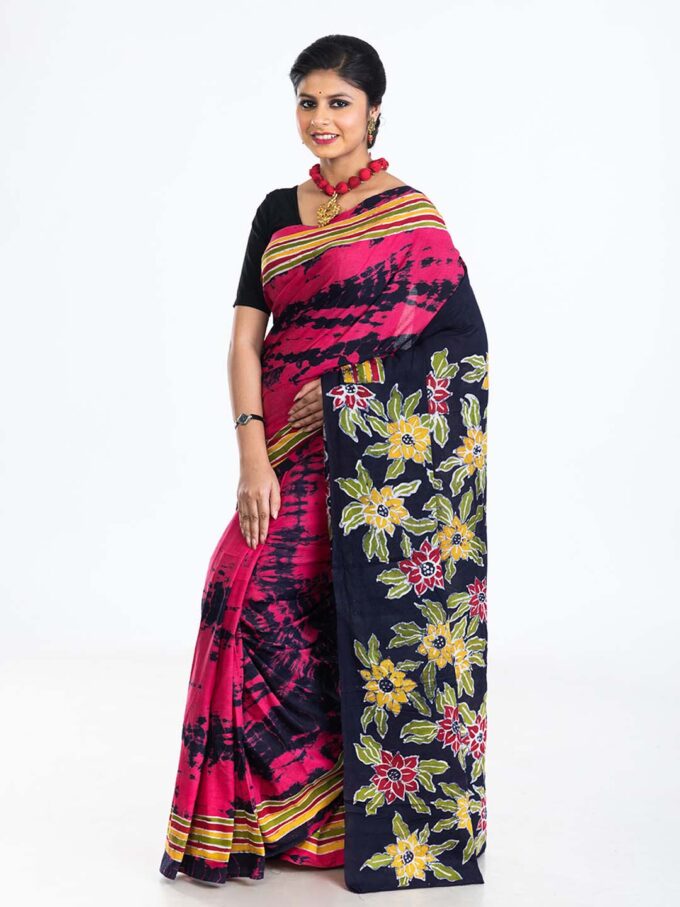 Black & Pink Batik Crepe Saree With Florals Designs on Pallu