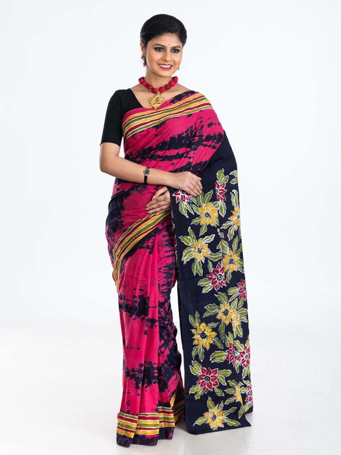 Black & Pink Batik Crepe Saree With Florals Designs on Pallu