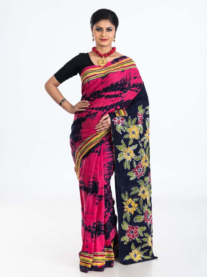 Black & Pink Batik Crepe Saree With Florals Designs on Pallu