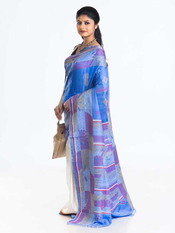 Azure Abstract Batik and Kantha Silk Saree