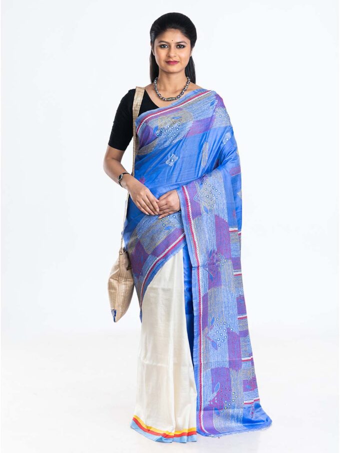 Azure Abstract Batik and Kantha Silk Saree