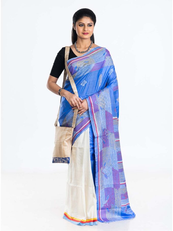 Azure Abstract Batik and Kantha Silk Saree