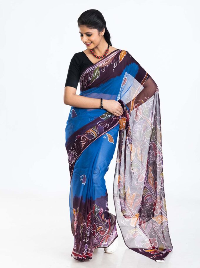 Blue & Black Batik Chiffon Saree with Floral Design