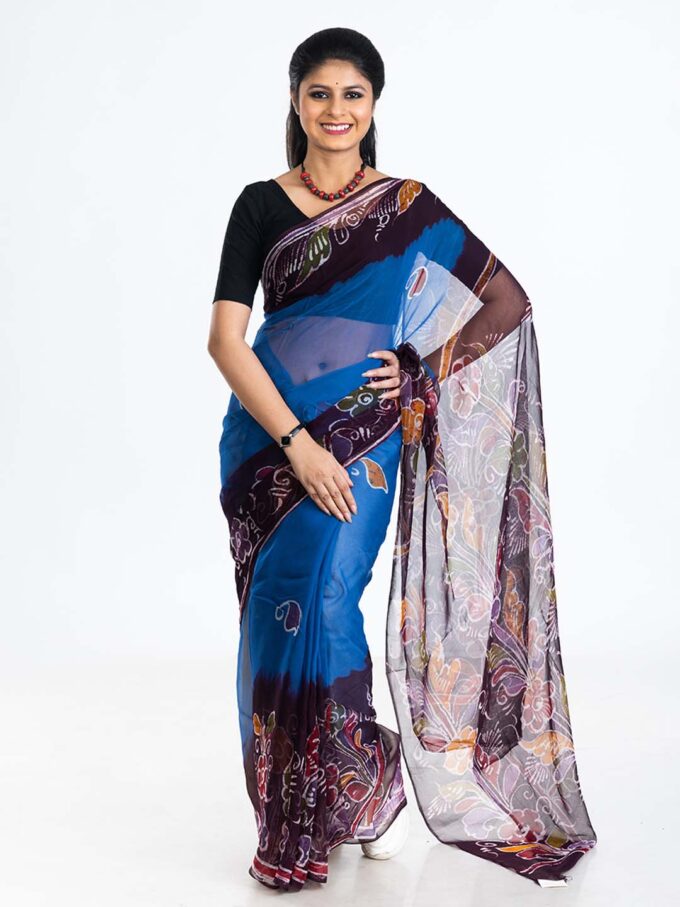 Blue & Black Batik Chiffon Saree with Floral Design