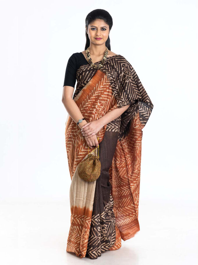 Brown and Rust Batik Tussar Saree With Fish Motif