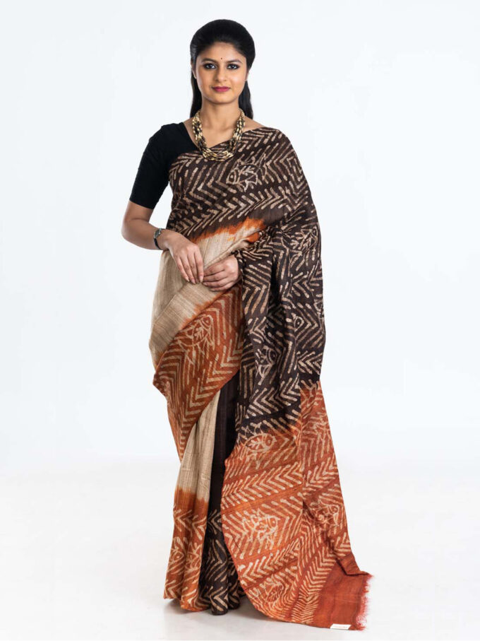 Brown and Rust Batik Tussar Saree With Fish Motif