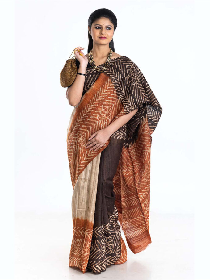 Brown and Rust Batik Tussar Saree With Fish Motif