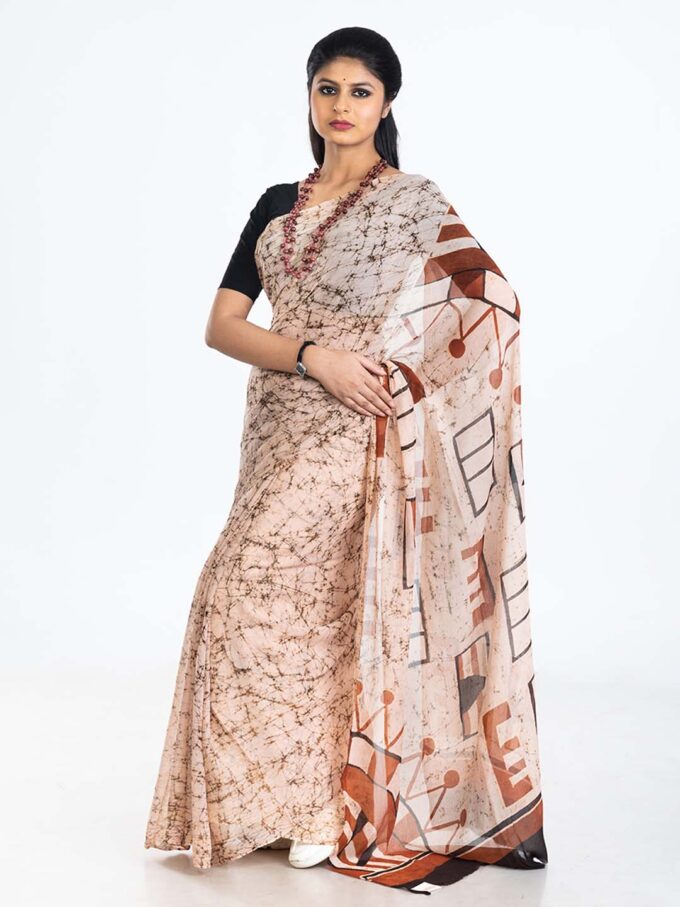 Cream Batik Chiffon Saree