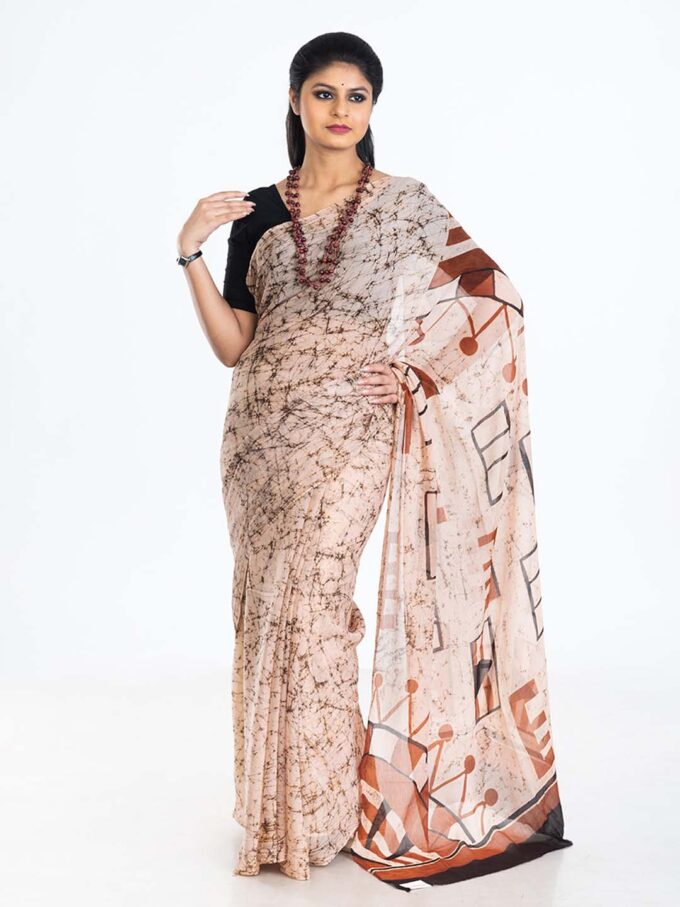 Cream Batik Chiffon Saree