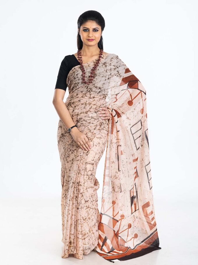 Cream Batik Chiffon Saree