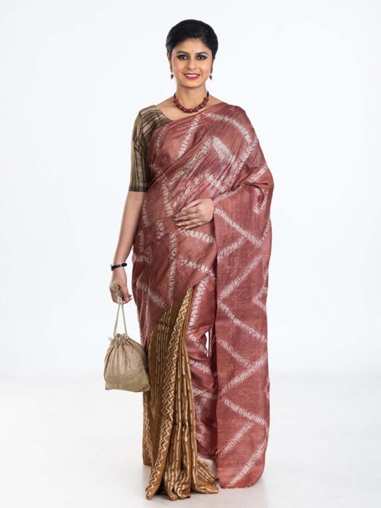 Dusty Pink & Brown Tie & Dye Tussar Saree with Batik