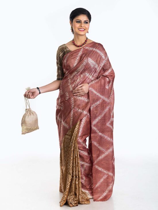 Dusty Pink & Brown Tie & Dye Tussar Saree with Batik