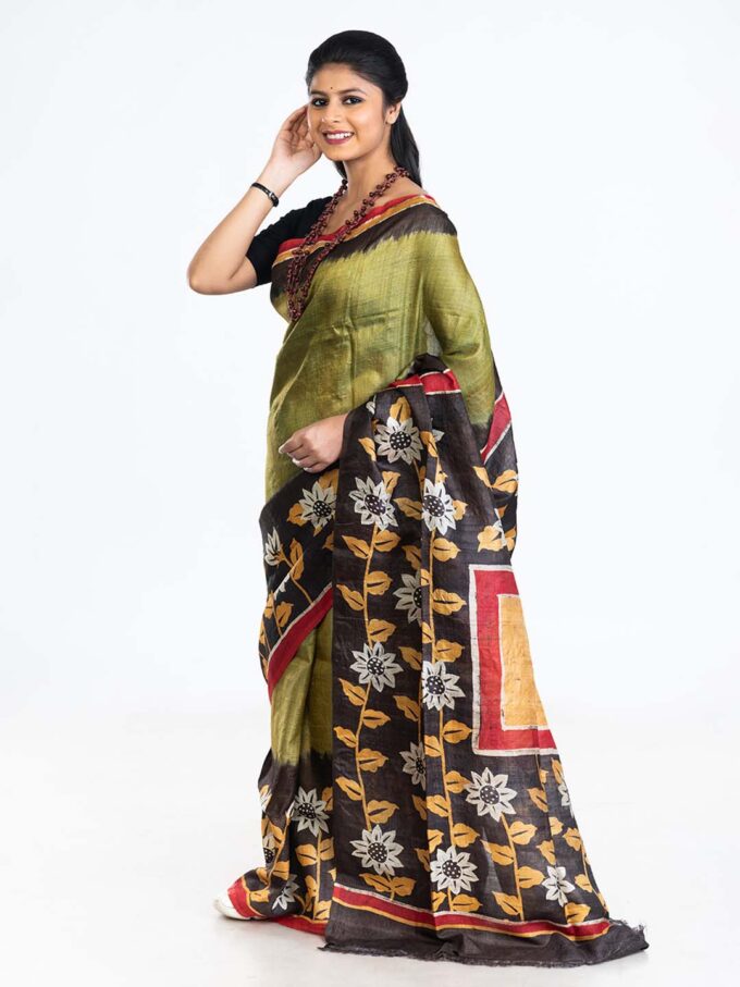 Green Tussar Saree with Brown Batik Floral Border