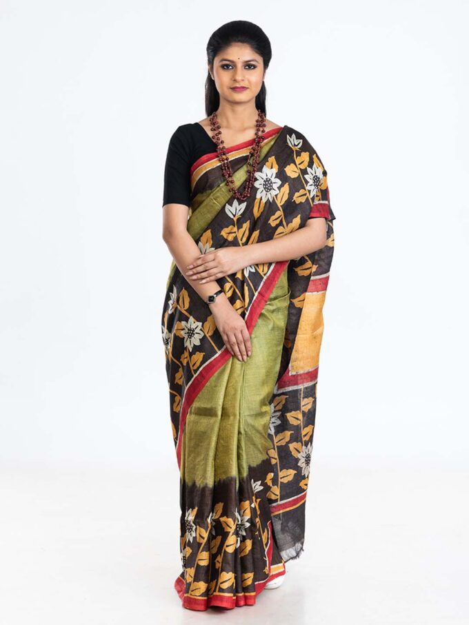 Green Tussar Saree with Brown Batik Floral Border