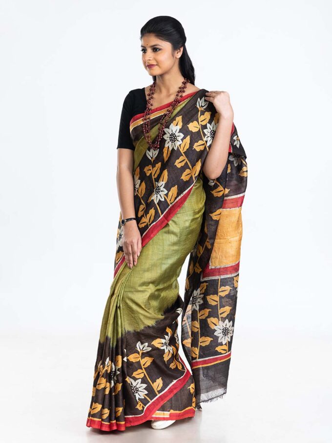 Green Tussar Saree with Brown Batik Floral Border