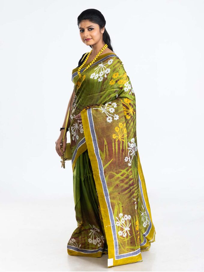 Green Floral Design Batik Silk Saree