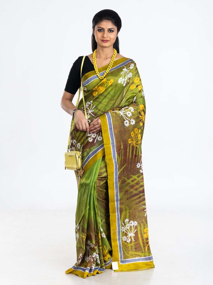 Green Floral Design Batik Silk Saree