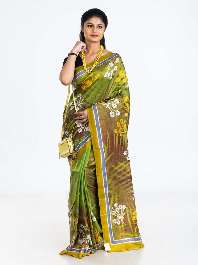 Green Floral Design Batik Silk Saree