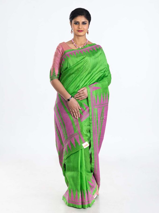 Parrot Green Kantha Silk Saree With Tribal Designs