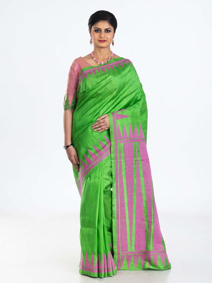 Parrot Green Kantha Silk Saree With Tribal Designs