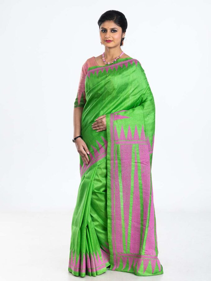 Parrot Green Kantha Silk Saree With Tribal Designs