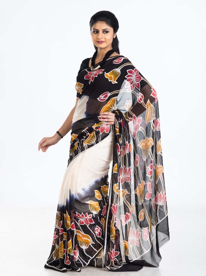 Lotus Design White & Black Batik Chiffon Saree