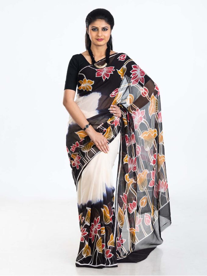 Lotus Design White & Black Batik Chiffon Saree