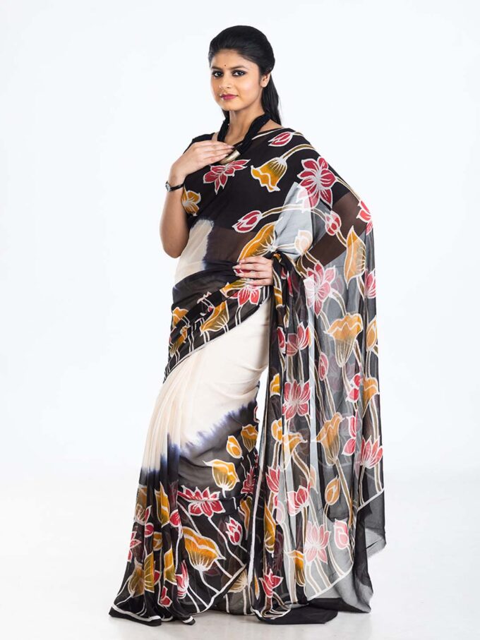 Lotus Design White & Black Batik Chiffon Saree