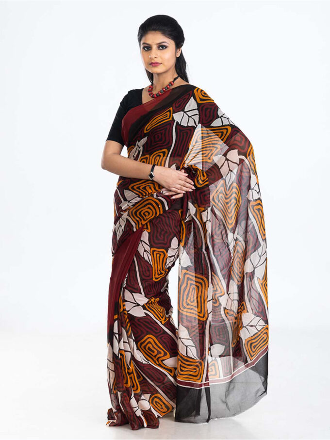 Maroon Batik Chiffon Saree with Batik Geometric Pattern and Leaves