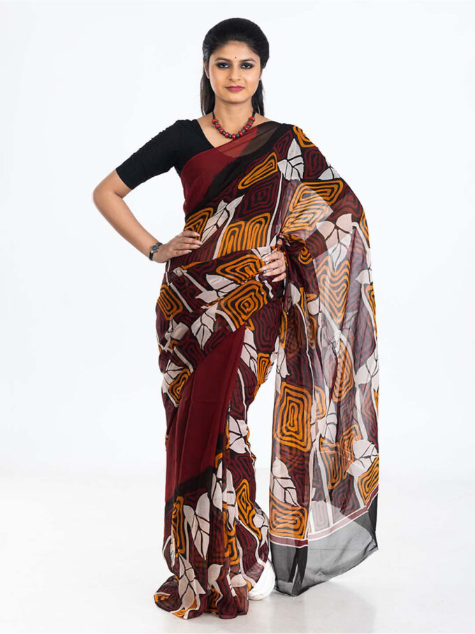 Maroon Batik Chiffon Saree with Batik Geometric Pattern and Leaves