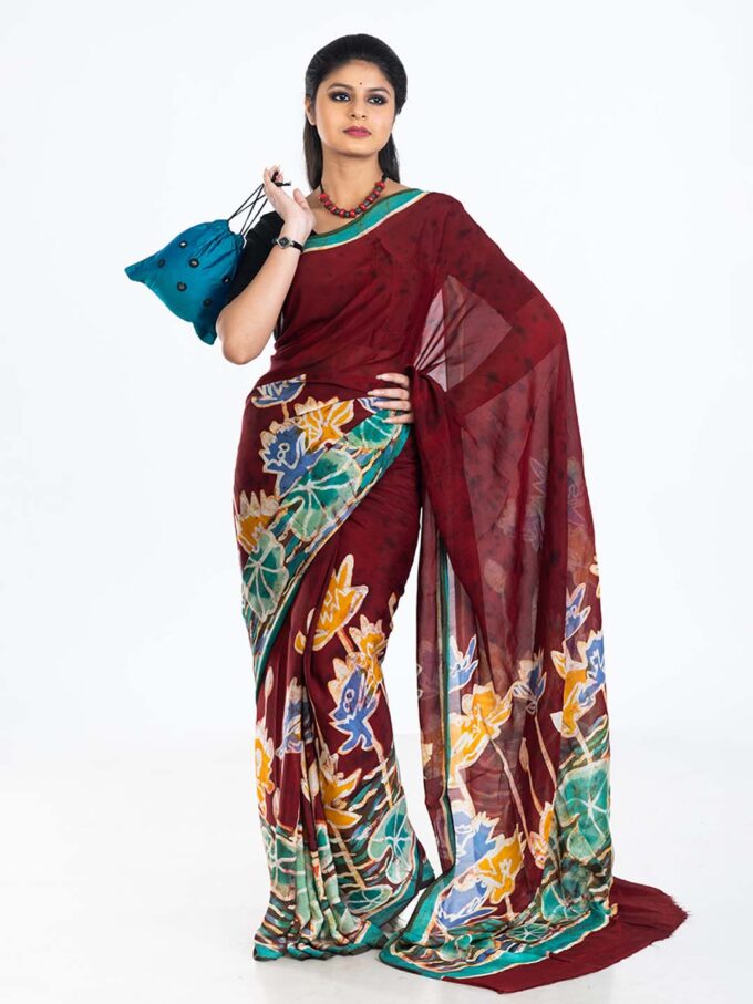 Maroon Batik Crepe Saree With Lotus Design