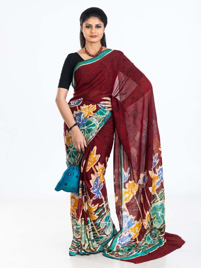 Maroon Batik Crepe Saree With Lotus Design